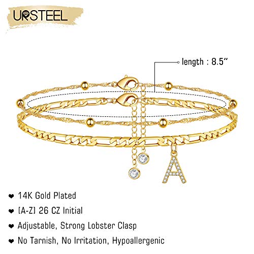 Ursteel Ankle Bracelets For Women, A Initial Anklet 14K Gold Plated Dainty Adjustable Layered Figaro Chain With Cz Letter A Initial Anklets Set Summer Jewelry Gifts Anklets For Women Teen Girls #TOP1