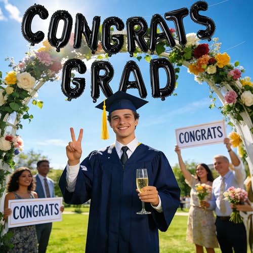Image of Congrats Grad Balloon Banner, Graduation Party Decorations 2024, Black