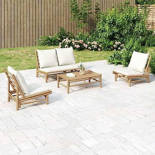 YunCangg Garden Lounge Set Cream White, Natural Bamboo, Polyester Cushions,