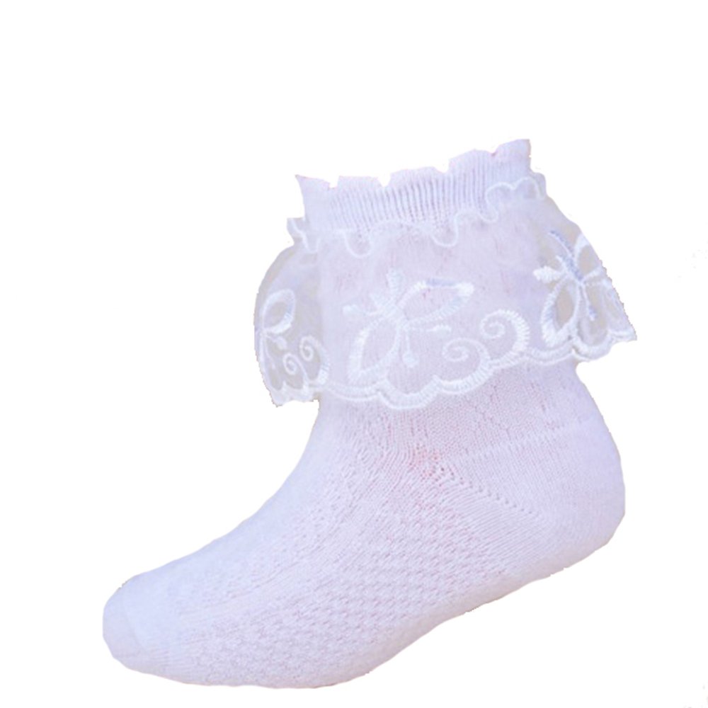 Cinda Girls White Butterfly Lace Frilly Socks For Party And Christening