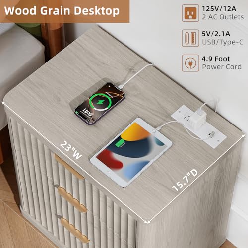 Image of LEYAOYAO 23 inch Wide Fluted Night Stand with Charging Station, 3 Drawers Large End Table with Storage, LightGrey Nightstand Wood Bedside Tables, Farmhouse Cabinet Dresser for Bedroom, Closet