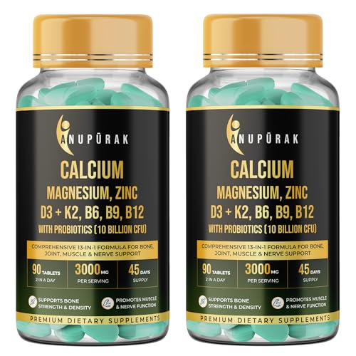 Image of Calcium and Vitamin D3 Tablets | 15 Actives: Calcium Magnesium Zinc with K2 MK-7 & Probiotics | Gentle on Stomach . High Absorption | Bone Health Supplement | 180 Veg Tablets (90 Days)