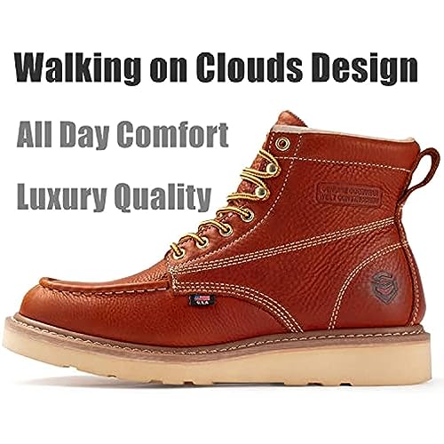 SUREWAY 6 in Mens Soft Toe Work Boots for Men-Full Grain Leather,Goodyear,Non-Slip EH Safety Industial Construction Wedge Moc Toe Work Boots/Shoes,Soft Toe Light Brown,Size 6.53