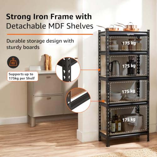 Image of Amazon Basics 5-Tier Storage Rack | Bolt-Free Assembly | Metal Stand & Thick MDF Board | 175kg Capacity Per Shelf | 63H x 24W x 12D inch Adjustable Shelf Rack for Home, Garage & Shop| Black