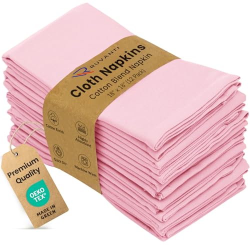Image of Ruvanti Cloth Napkins Set of 12, 18x18 Inches Napkins Cloth Washable, Soft, Durable, Absorbent, Cotton Blend. Table Dinner Napkins Cloth for Hotel, Christmas, Dinner, Parties - Pink