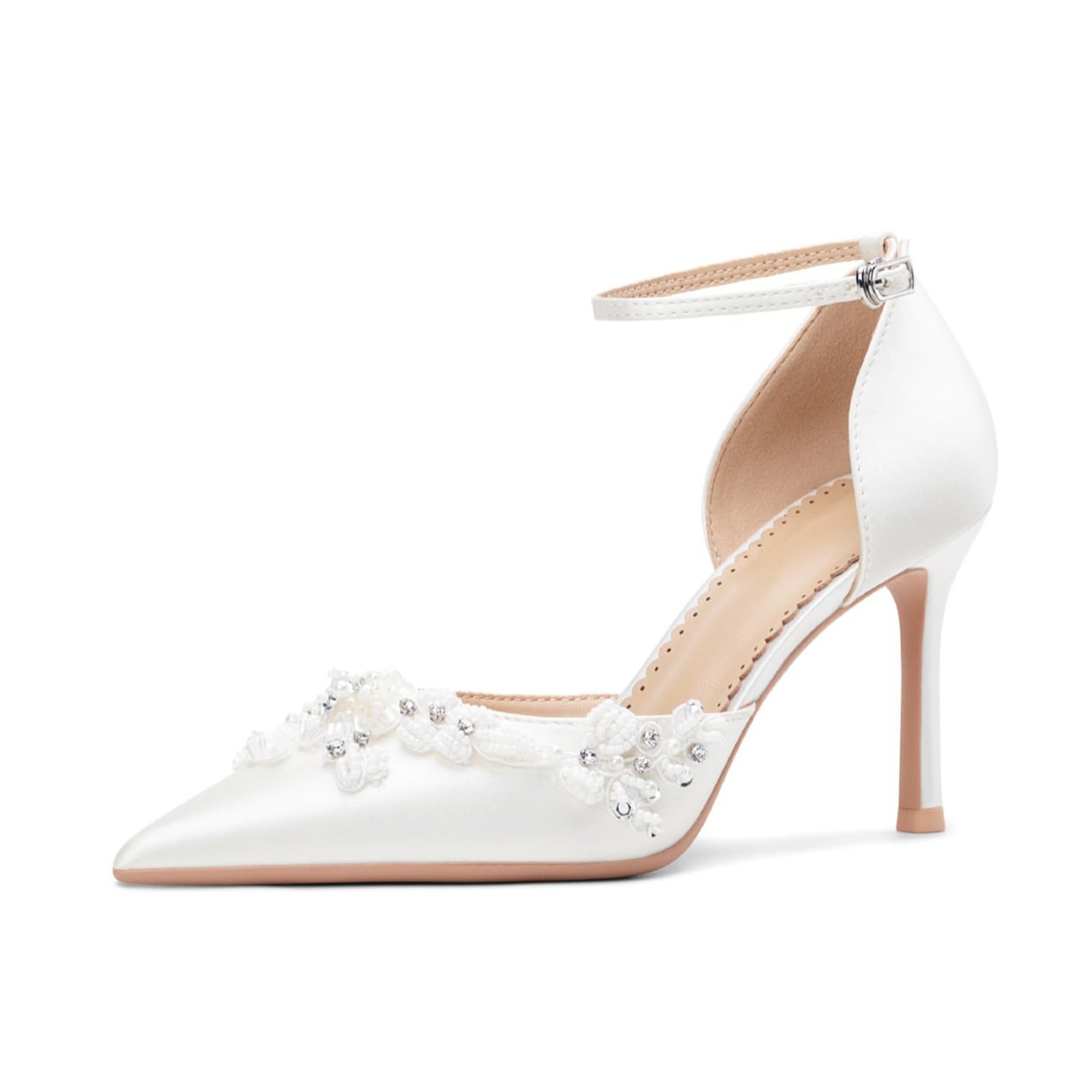 Scarpe Donna con Tacco Alto con Tacco a Spillo 8.5 cm Bianco Realizzato a Mano Raso di Seta Perle Strass per La Ragazza Matrimonio Cinturino alla Caviglia