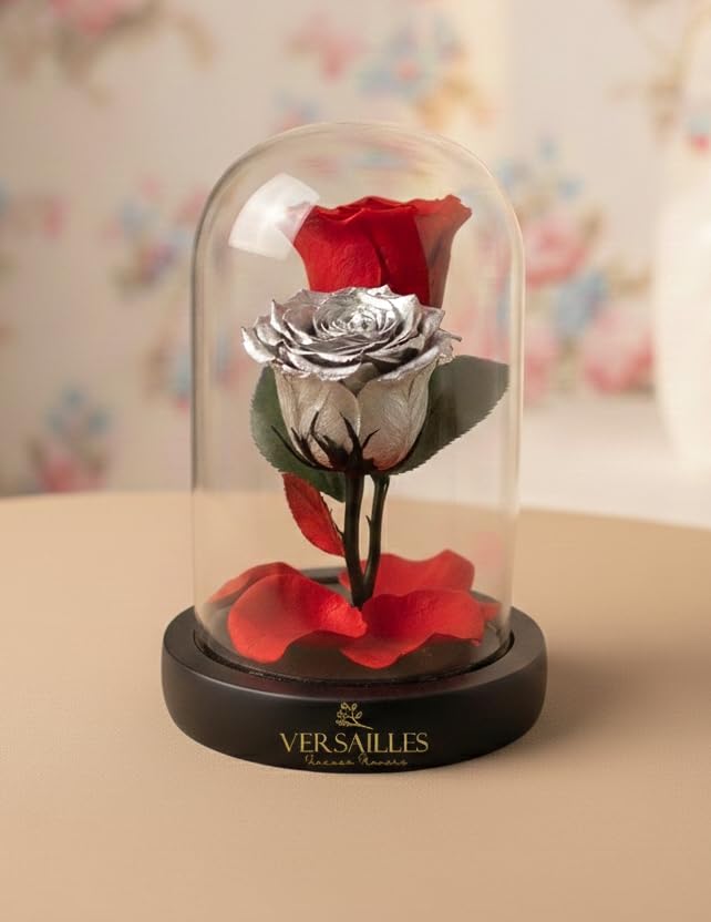Versailles Duo-Tone Eternal Roses Glass Dome | Red & Silver Metallic Preserved Roses on Black Base | Unique Romantic Gift for Anniversary, Birthday & Holiday Decor-image-5