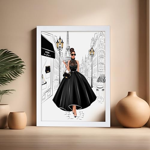 Image of Poster Master Lady in Black Print - Fashion Poster - Paris Designer Art - Modern Wall Design - Chic Gift for Women & Fashionista - Glam Decor for Bedroom or Girl's Room - 16x20 White Framed