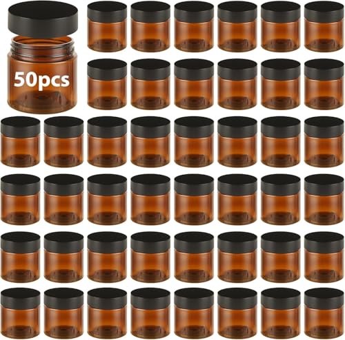 50 PCS 2 Oz Amber Jars with Lids Small Jars with Lids Amber Plastic Containers with Lids Leak Proof Amber Cosmetic Jars with Black Lids for Creams,Lotion, Powder, Ointments