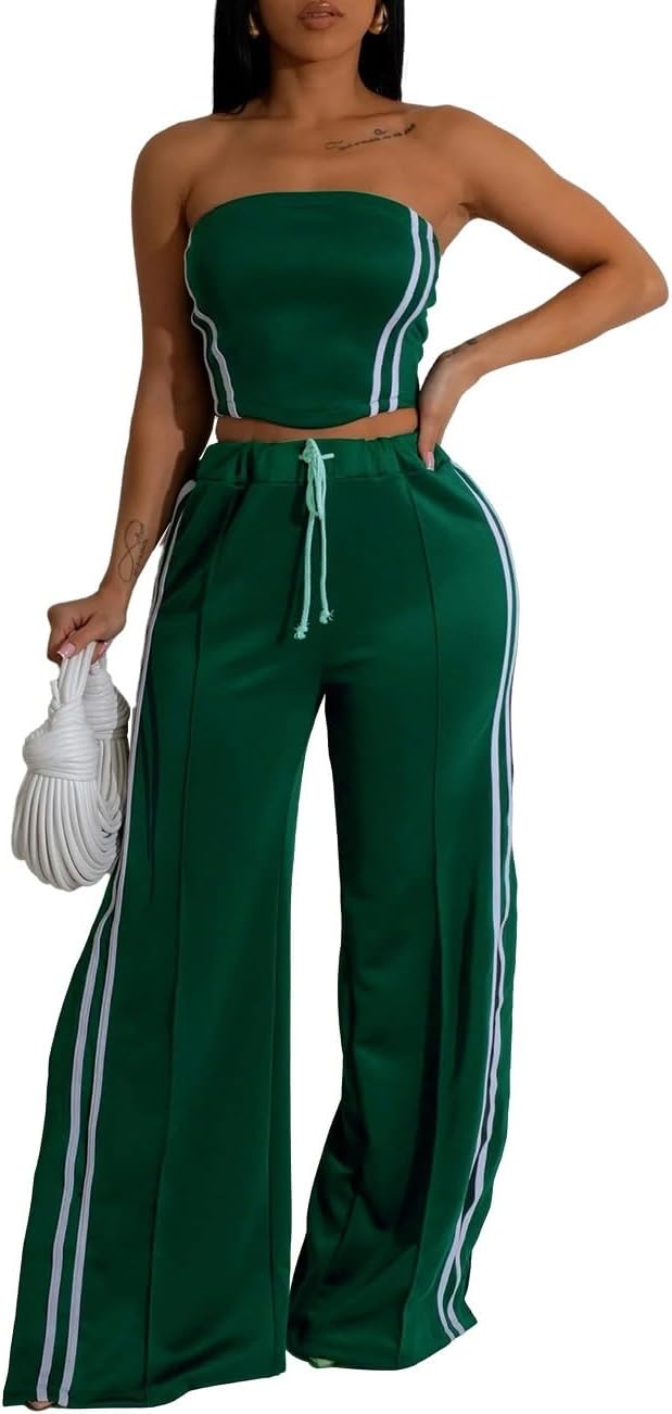 Women's 2 Piece Summer Outfits Strapless Striped Crop Top & High Waist Wide Leg Pants Set Casual Outfit