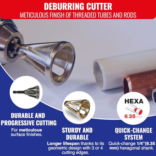 TIVOLY - HCS-Entgratfräser - Für Gewindestangen und Rohre aus Metall oder Kunststoff Ø 7-22 mm - Sechskantschaft 6,35 mm - Quick Change-System