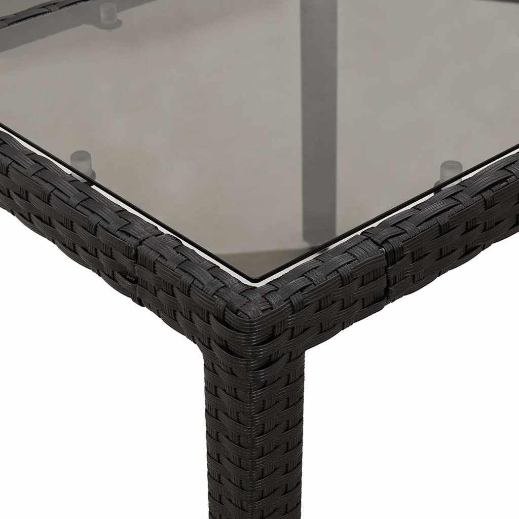 Poly Rattan Gartentisch mit Glasplatte Schwarz 90x90x75 cm, Stabiler pulverbeschichteter Stahlrahmen, pflegeleichtes PE-Rattan für Terrasse und Garten