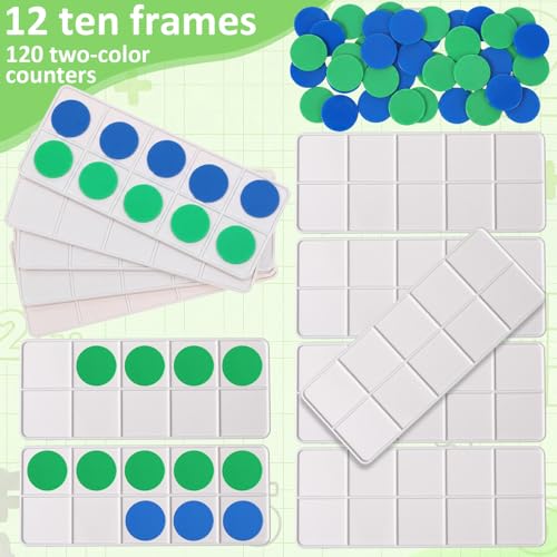 Soulchen 12 Sets Plastic Ten Frames for Classroom Math Manipulatives for Kids Classroom Math Counters Supplies Including 12 Plastic Ten Frames, 120 Counters for Teach Number Concepts (Green,Blue) - Image 3