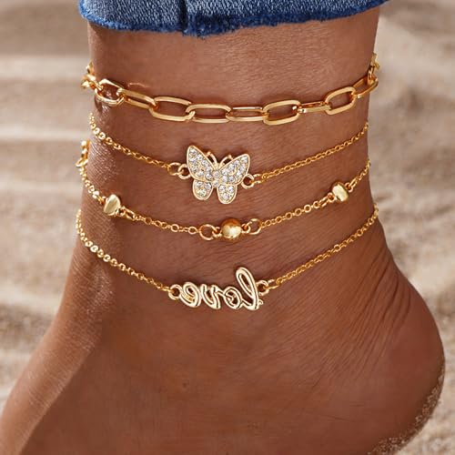Image of Fesciory 14K Gold Plated Ankle Bracelets Sets For Women, Adjustable Layered Infinite Anklet, Summer Beach Butterfly Star Foot Chain Jewelry Gifts