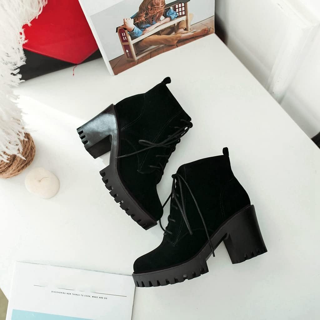 Women's Round Toe Platform Dressy Ankle Boots Lace Up Chunky Block High Heel Winter Dress Short Bootie