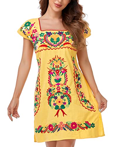 Image of YZXDORWJ Women Mexican Embroidered Dress Ruffle Collar Sleeveless