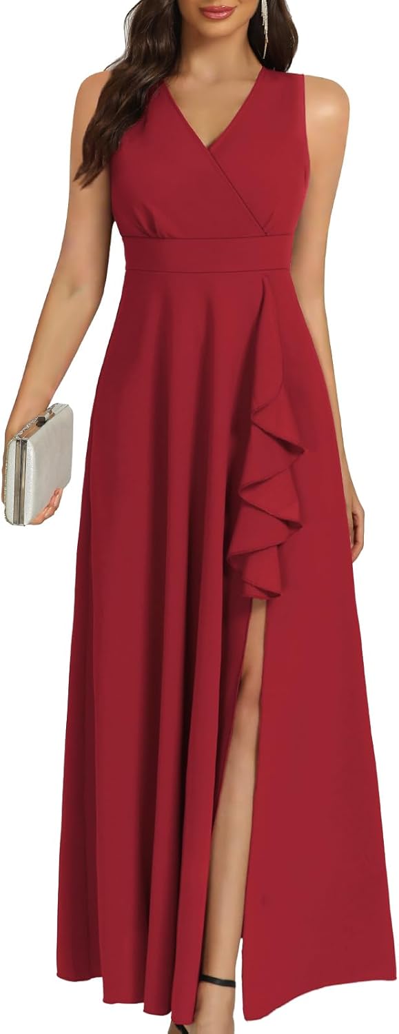 Women's Black Long Formal Dresses Cocktail Wedding Guest Dress Ruffle Split Elegant V Neck Party Gowns