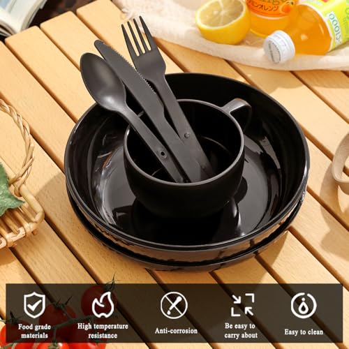 Berglander Camping Mess Set mit Schüssel, Teller, Tasse, Löffel, Gabel, Messer und Tragetasche, Campingzubehör Ausrüstung für Reisen, Picknick, einfach zu transportieren und zu reinigen (Schwarz)
