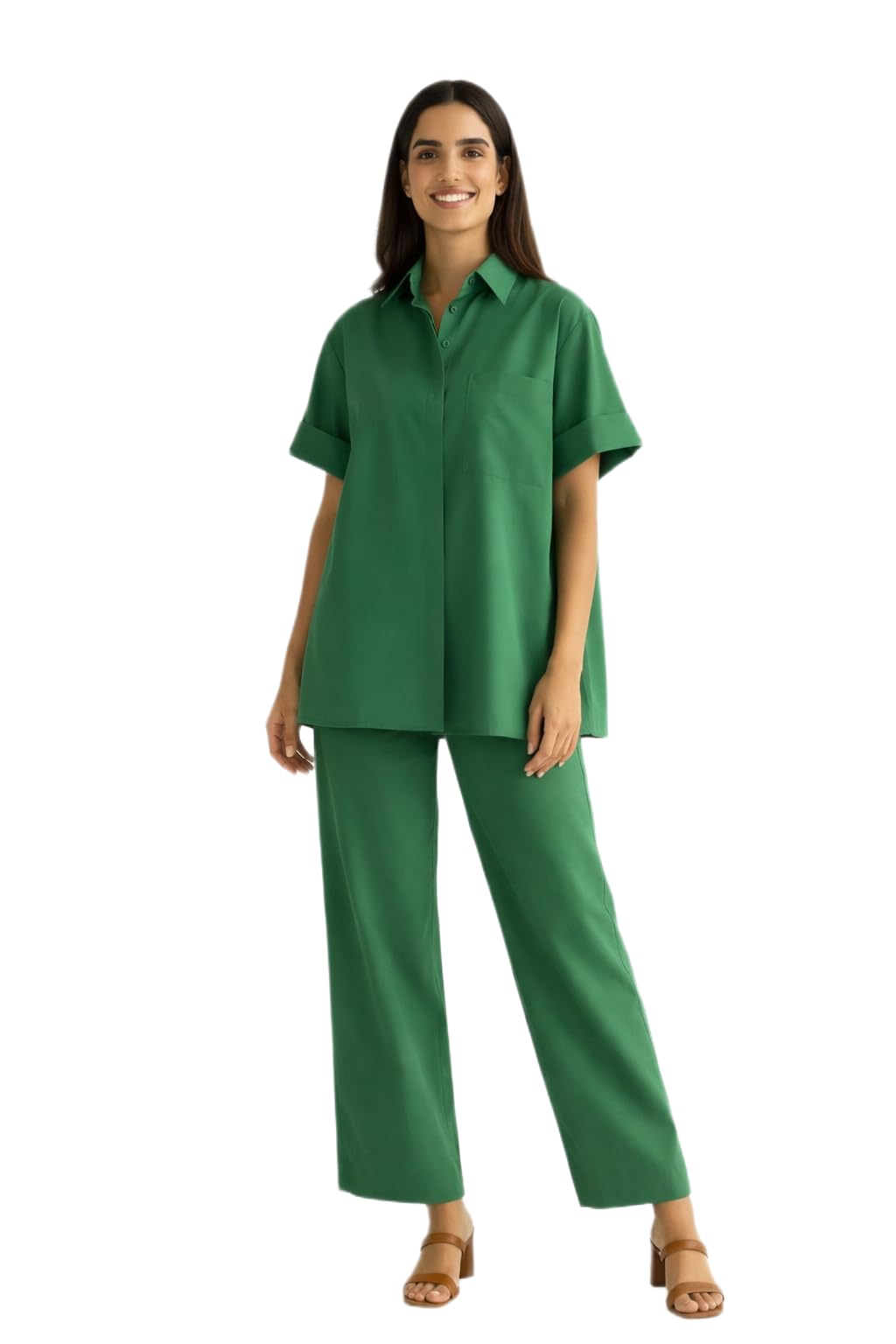 Hot Green Full Coordinated Outfit Womens Cotton Shirt Pant Set Loose Fit Half Sleeves Drawstring Waist-image-39