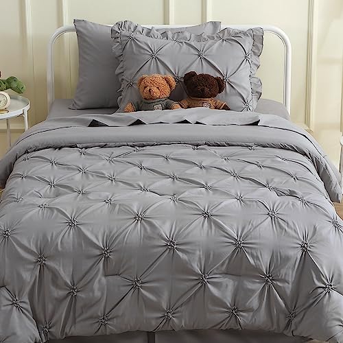 JOLLYVOGUE Gray Bed in a Bag Comforter Set for Bedroom, Pintuck Twin Size Comforter Sets 5 Pieces, Beddding Sets with Comforter, Sheets,Ruffled Shams & Pillowcases