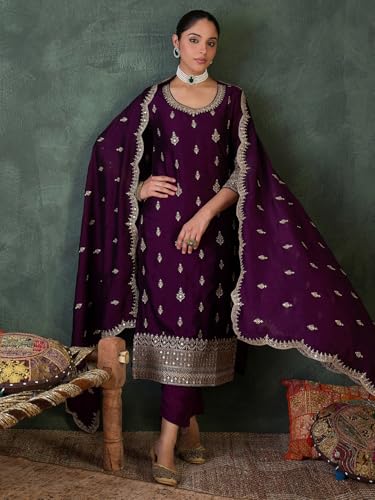 Image of INDO ERA Women's Straight Silk Blend Ethnic Motifs Embroidered Kurta & Pant with Dupatta Set (IESTR10550)