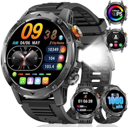 LIGE Smartwatch Herren Militär - 1000 mAh/1.75" HD Große Display,Smartwatch mit Bluetooth Anrufe/Taschenlampe,120+ Sportmodi,Herzfrequenz/Schlafmonitor,Fitnessuhr für iOS/Android,