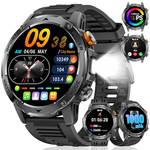 LIGE Reloj Inteligente Hombre, 1000mAh Batería/Linterna LED, Llamada Bluetooth Asistente de Voz, 100+ Modos Deportivos, 1,75 Exteriores Smartwatch Hombre para Android iOS, Negro