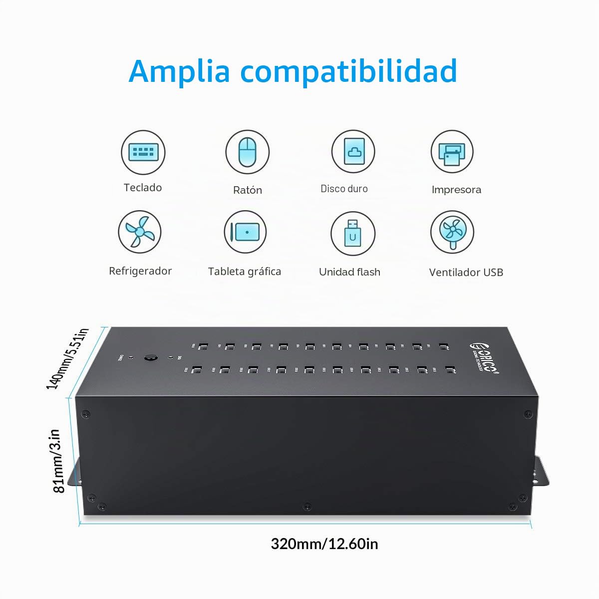 ORICO Industrial USB Hub, 20 Puertos montable 150W Powered USB 2.0 Hub Grado Industrial, la Caja Full Metal, de Alta Velocidad de Transferencia de Datos