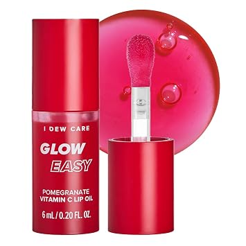 I DEW CARE Lip Gloss - Glow Easy Pomegranate | Jojoba Seed Oil, Vitamin C, Pigmented Glossy Stain, Hydrating, Korean Makeup, Pink Color, Moisturizing, Nourishing Crystal, 0.20 FL Oz