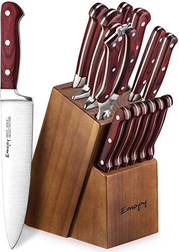 Emo joy Knife Set, 15-Piece Kitchen Knife Set with Block Wooden, Manual Sharpening for Chef Knife Set, German Stainless Steel