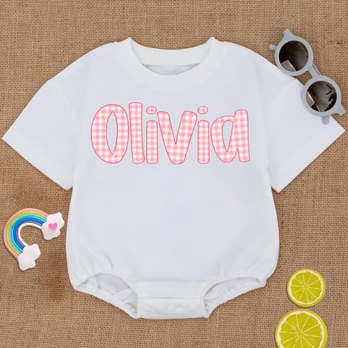 Personalized Bubble Romper with Pink Caro Pattern, Custom Name Baby Outfit, Sweatshirt Bodysuit Romper, For Baby Boys, Girls2