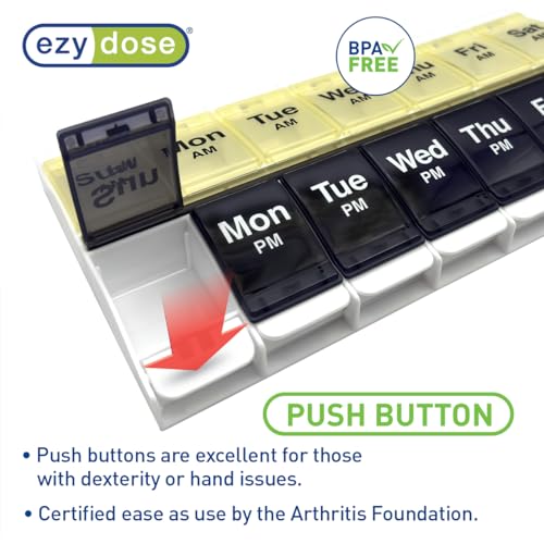 Image of Ezy Dose Weekly (7-Day) AM /PM Pill Organizer, X-Large Case, Black /Yellow | Daily Vitamin Box & Supplement Planner, 2 Times a Day Push Button Compartments, Arthritis-Friendly, Travel-Friendly, BPA-Free