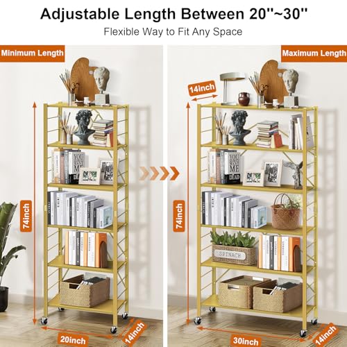 Image of Himix 6-Tier Foldable Storage Shelves Expandable Shelf Wheels Gold 2-in-1 | Folding shelving units, Metal collapsible organization, Changeable into 2 shelf units, Bookshelf, Garage, Holds 3600 Ibs