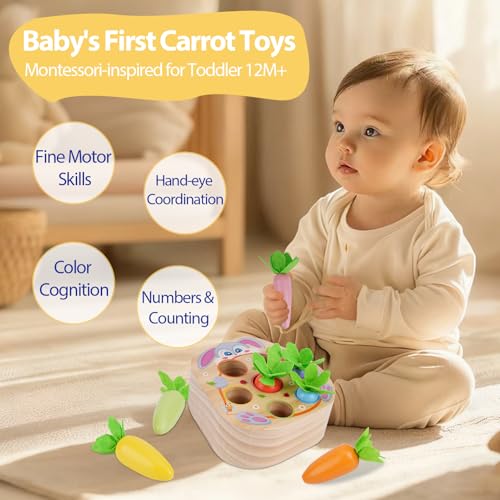 Image of Montessori Toys for 2 3 Year Old Toddlers | Wooden Carrot Harvest Game