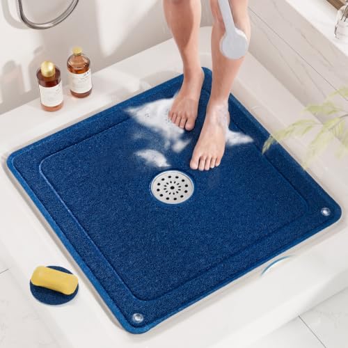 Image of HITSLAM Square Loofah Shower Mat, 24x24 Inch Non Slip Bath Mat, Blue