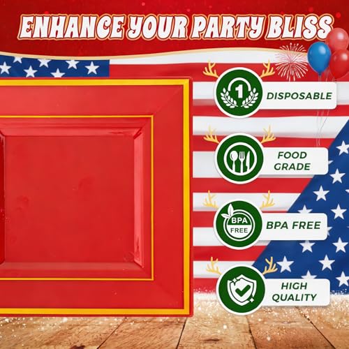 Liacere 100PCS Red and Gold Square Plastic Plates-50PCS Heavy Duty 9.5inch Disposable Dinner Plates and 50PCS 6inch Red Dessert Plate - Gold Plastic Plate for Party & Independence Day — view 4