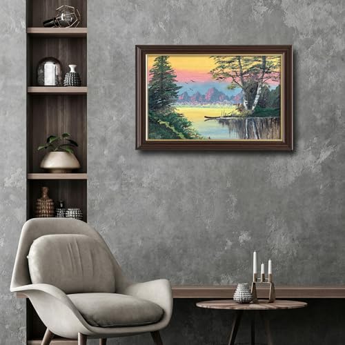 Image of Antique Framed Sunset Lake Canvas Wall Art, Retro Forest Landscape Oil Painting Canvas Prints, Vintage Nature Wall Decor Pictures for Living Room Bedroom Office