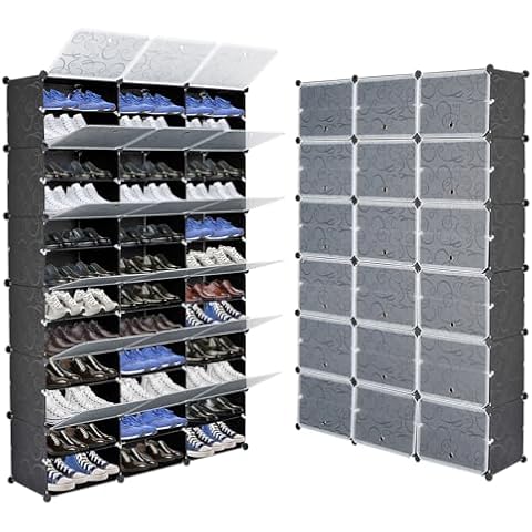 Portable Shoe Rack Organizer 12-Tier Shoe Cabinet 72-Pair Shoe Storage with Covers Shoe Shelves Rack 36 Grids Tower Shelf Expandable Free Standing Stackable Space for Heels,Boots,Slippers,Black Cover