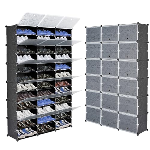Portable 12-Tier Shoe Cabinet - 72-Pair Shoe Storage with Covers - Expandable Free Standing Tower Shelf for Heels, Boots, Slippers - Black