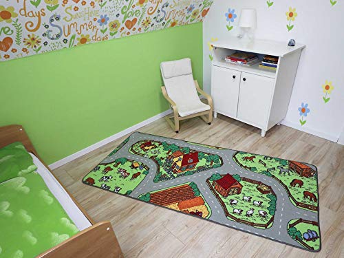 Primaflor Spielteppich Bauernhof - 95x200 cm | Straßenteppich mit Tieren | Made in EU | Kinderteppich mit Straßen für Jungen & Mädchen | für Fußbodenheizung | Kurzflor Teppich für Kinderzimmer – Bild 4