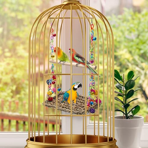 Image of Bird Swing Mat with Wood Perch, AHIER Seagrass Bird Hammock for Conures with Chewing Toy for Parakeets, Budgie, Cockatiel Cage Accessories