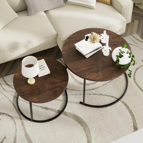 Image of Elegance Iron & Wooden Round Retro Golden Side Tables - Night Stand, Bedside, Sofa Side, Coffee, Centre, Nesting and Bar Table Set of 2 (Black & Natural)