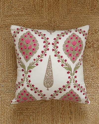 Image of Clasiko Set of 5 Cushion Covers 12x12 Inch - Duck Cotton Decorative Cushion Covers Ivory Pink Medallion