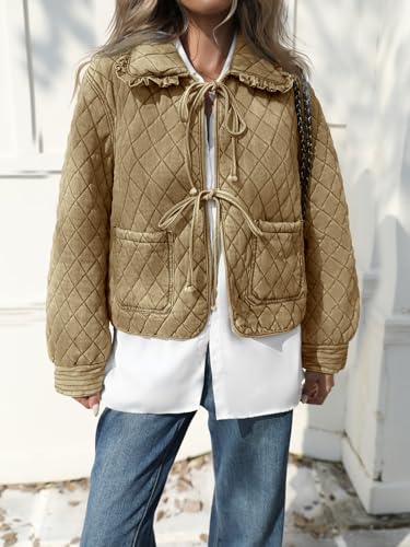 Image of Tankaneo Womens Quilted Denim Puffer Jackets Tie Front Bow Cropped Puffy Jackets Fall Cute Short Jeans Coat