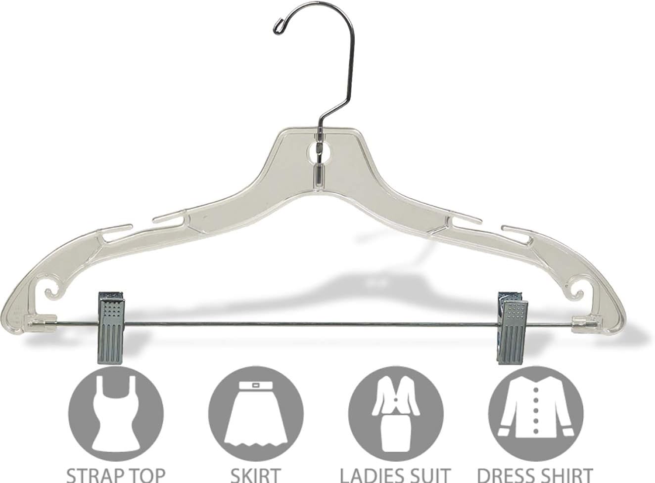 Clear Plastic Junior Combo Hanger w/ Adjustable Cushion Clops, Box of 100 Flat 14 inch Space Saving Hangers w/ Notches and 360 Degree Chrome Swivel Hook by The Great American Hanger Company