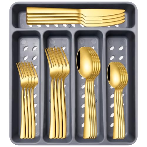 Image of 21Pcs Stainless Steel Gold Silverware Set with Organizer Eating Utensil Set