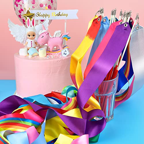 Image of 32 Pieces Dance Ribbons Rhythmic Gymnastics Rainbow Streamers, Kids Artistic Baton Twirling Ribbons with Non-Slip Handle for Dance Party, Talent Shows, Dance Gymnastics, 16 Colors