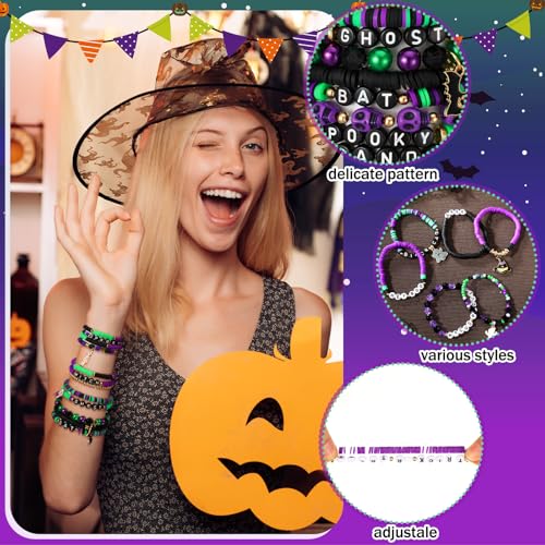 64 Pcs Halloween Bracelets Bulk for Women Stretch Vinyl Disc Clay Party Favor Bracelet Pack Halloween Beaded Accessories Jewelry for Goody Bag Fillers Party Supplies4