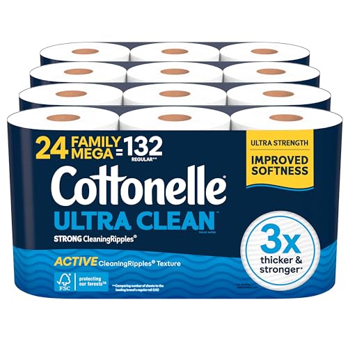 Cottonelle Ultra Clean Toilet Paper with Active CleaningRipples Texture, Strong Bath Tissue, 1-Ply, White, 24 Family Mega Rolls = 132 Regular (4 Packs of 6)