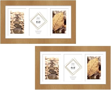 Multi 3 Aperture Picture Frame with Mount for 6x4 Inches Pictures, BROWN Triple Photo Frame Made of Solid Wood with Glass Front for Wall Mount Vertical or Horizontal, Set of 2-10x15cm